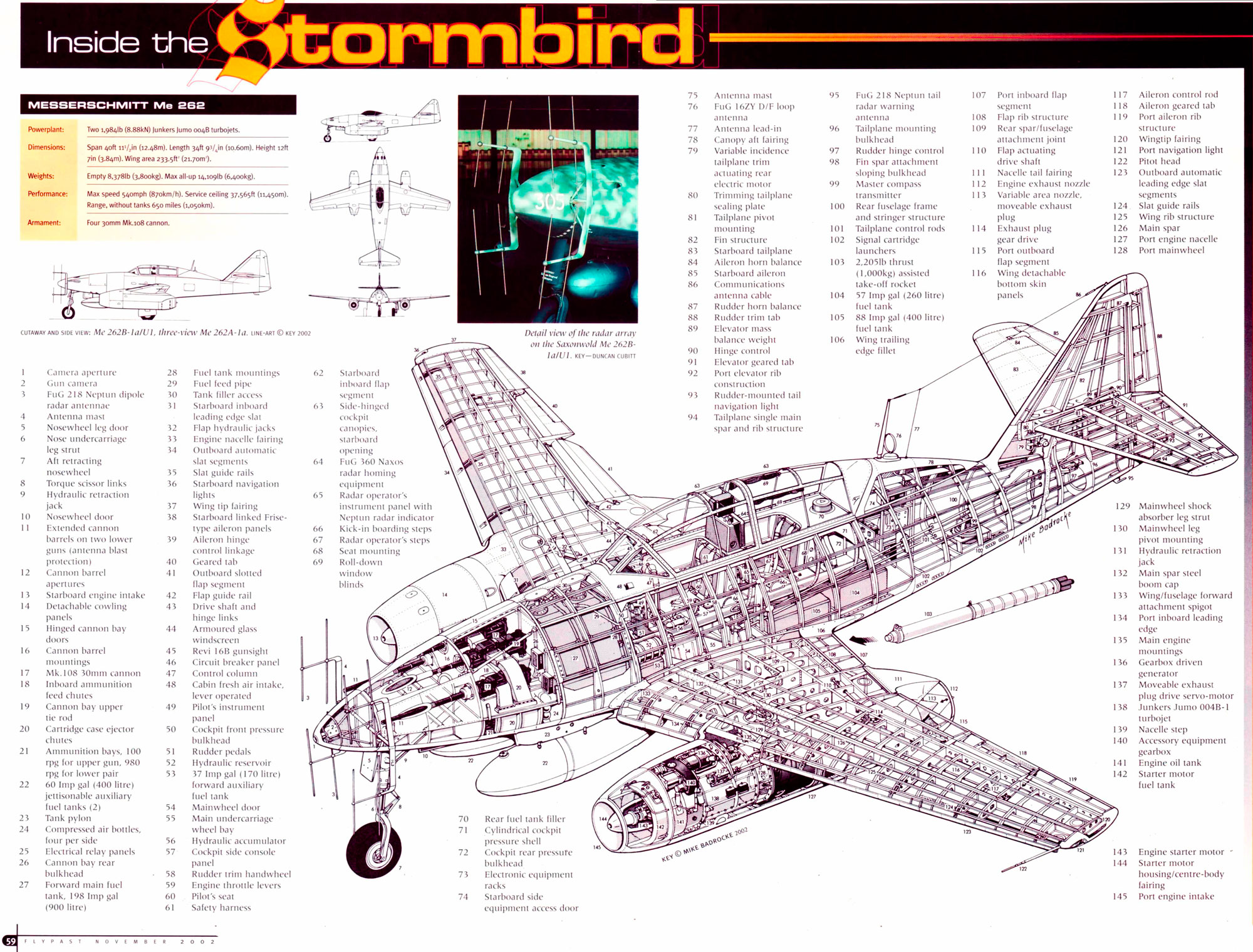 Artwork cutaway and technical details of Messerschmitt Me 262B 1aU2 by Flypast Nov 2002 0A