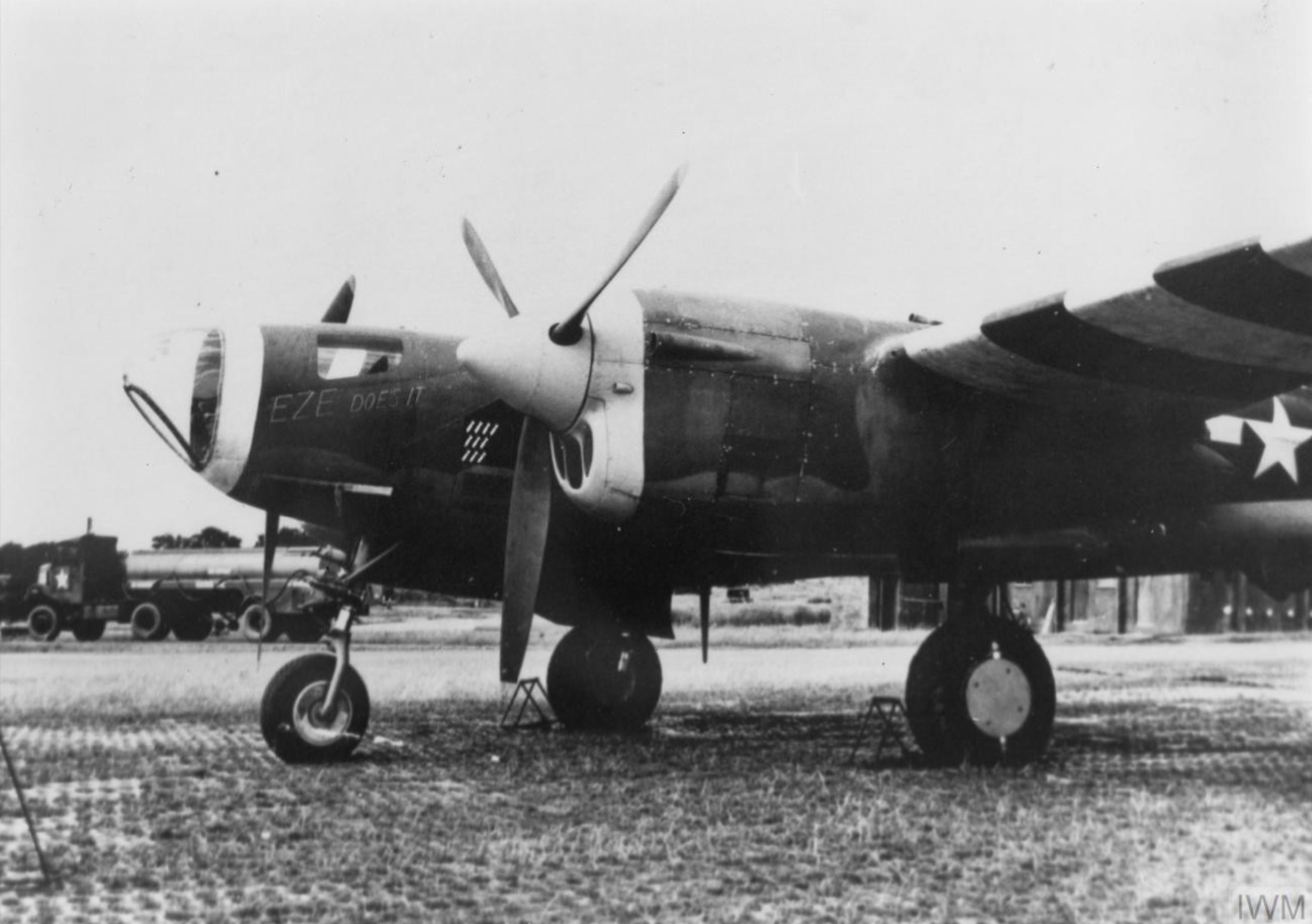 Lockheed P-38J Lightning droop snoot 20FG named EZE Does It with bombing missions markings at Kings Cliffe 1044 FRE2379