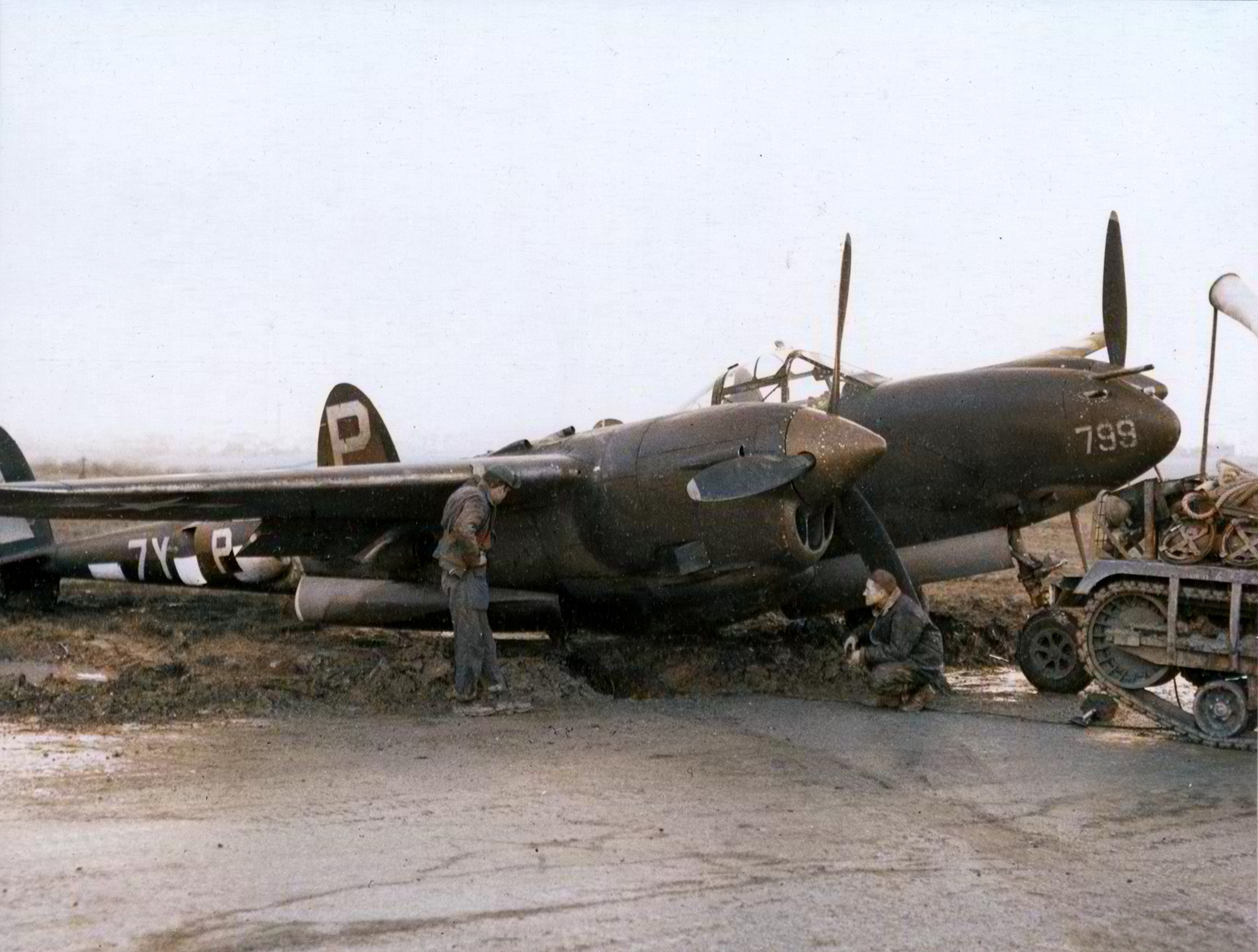 42-67799 P-38J Lightning 9AF 474FG429FS 7YP stuck in mud on its Belgium based airfield 1st Dec 1944 NARA1