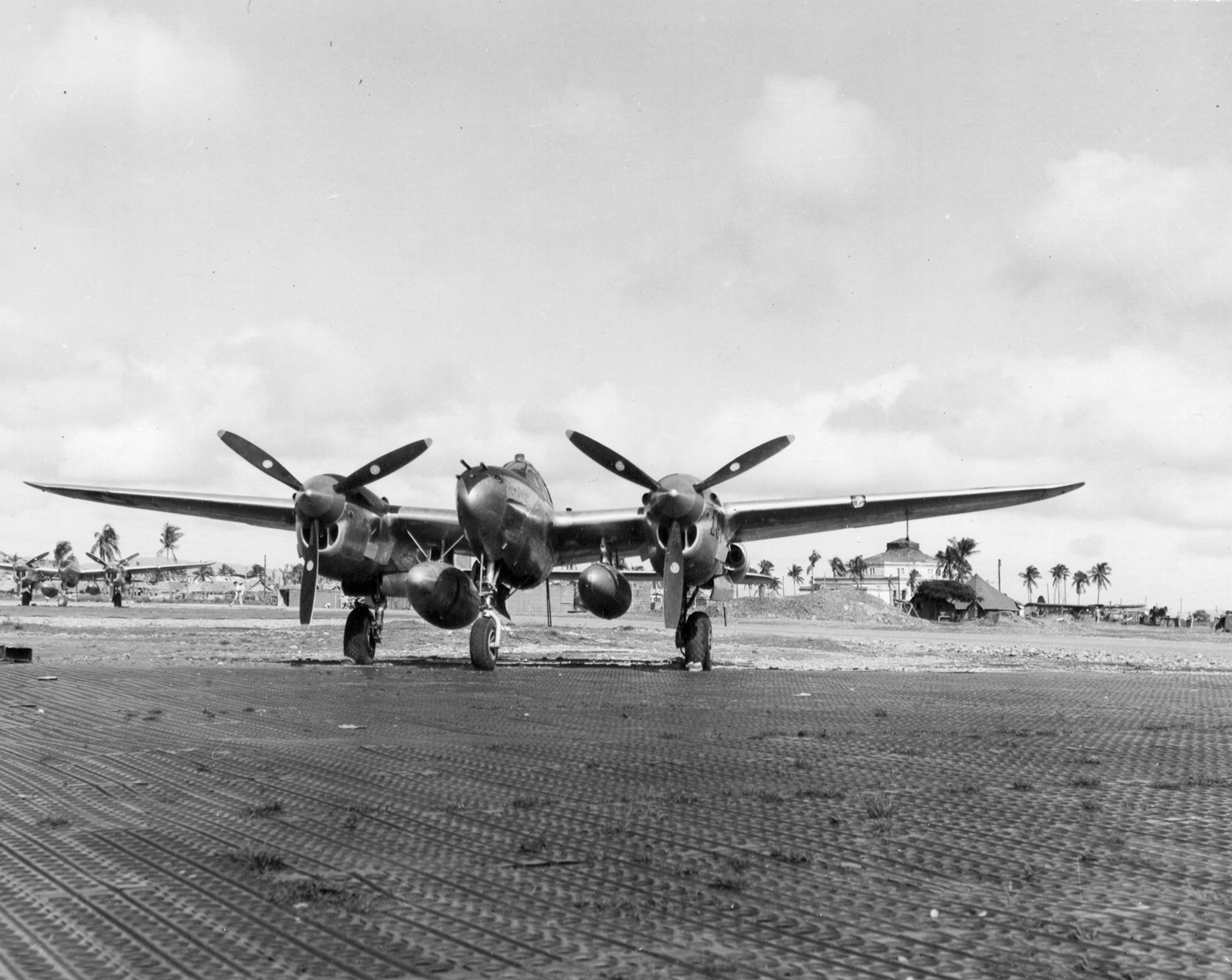 Lockheed P-38 Lightning 5AF 475FG equipped with long range auxiliary tanks at Lingayen Airstrip Luzon Philippines 25th Aug 1945 01