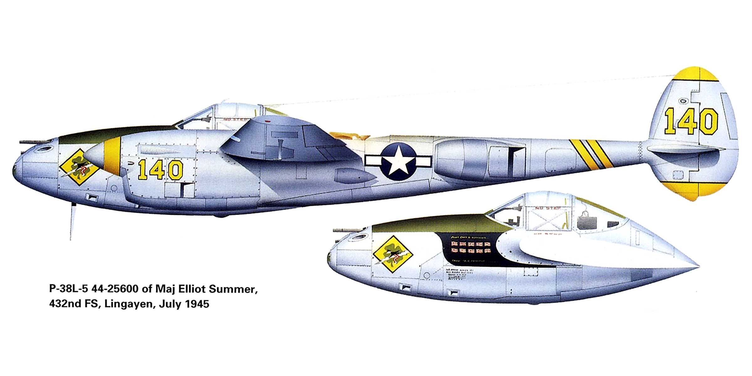 Lockheed P-38L Lightning 5AF 475FG432FS 140 Maj Elliot Summer Lingayen Philippines July 1945 profile 0A