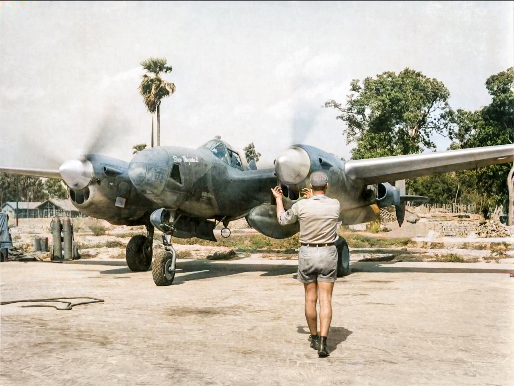 Lockheed F-5 Lightning 7PG9PRS Miss Virginia E taxiing from the revetment area to the runway in India 01