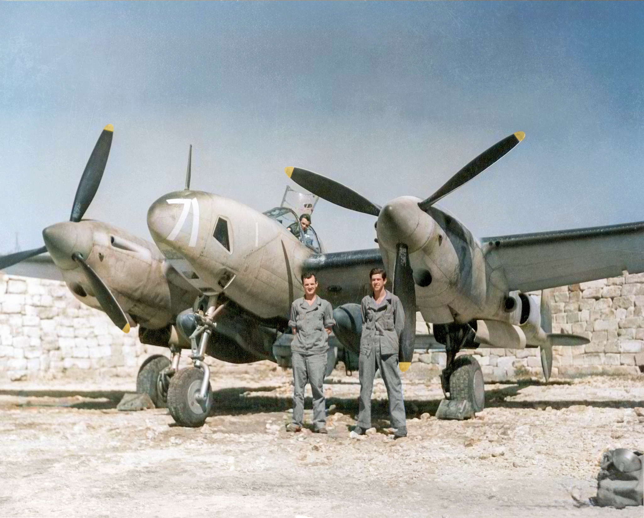 Lockheed F-5 Lightning 90PRW White 71 in a revetment blast shelter North Africa 1943 NA728