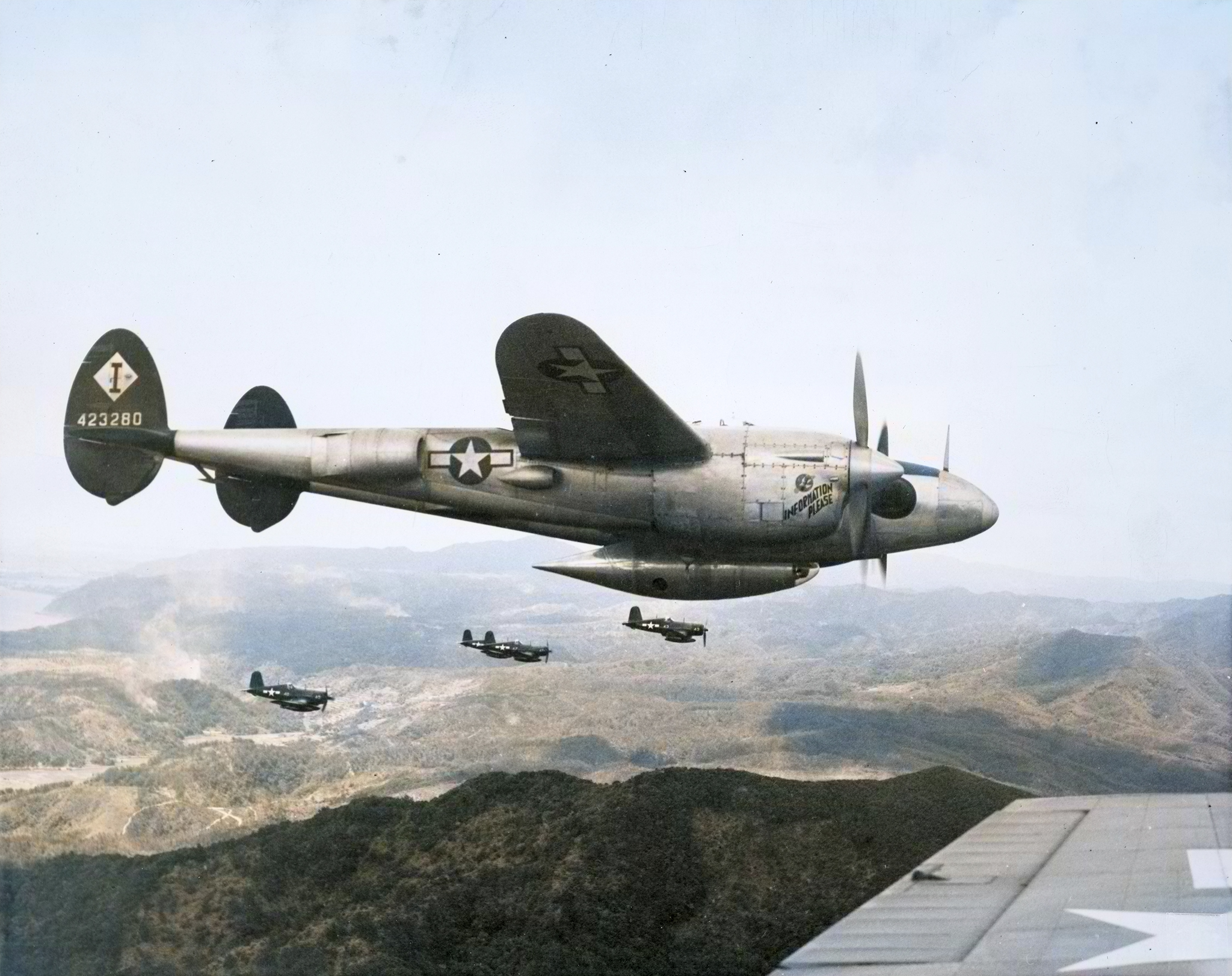 44-23280 P-38J Lightning 7AF 8PRG28PRS Information Please with Marine 1st Lt DD Duncan over Okinawa 1945