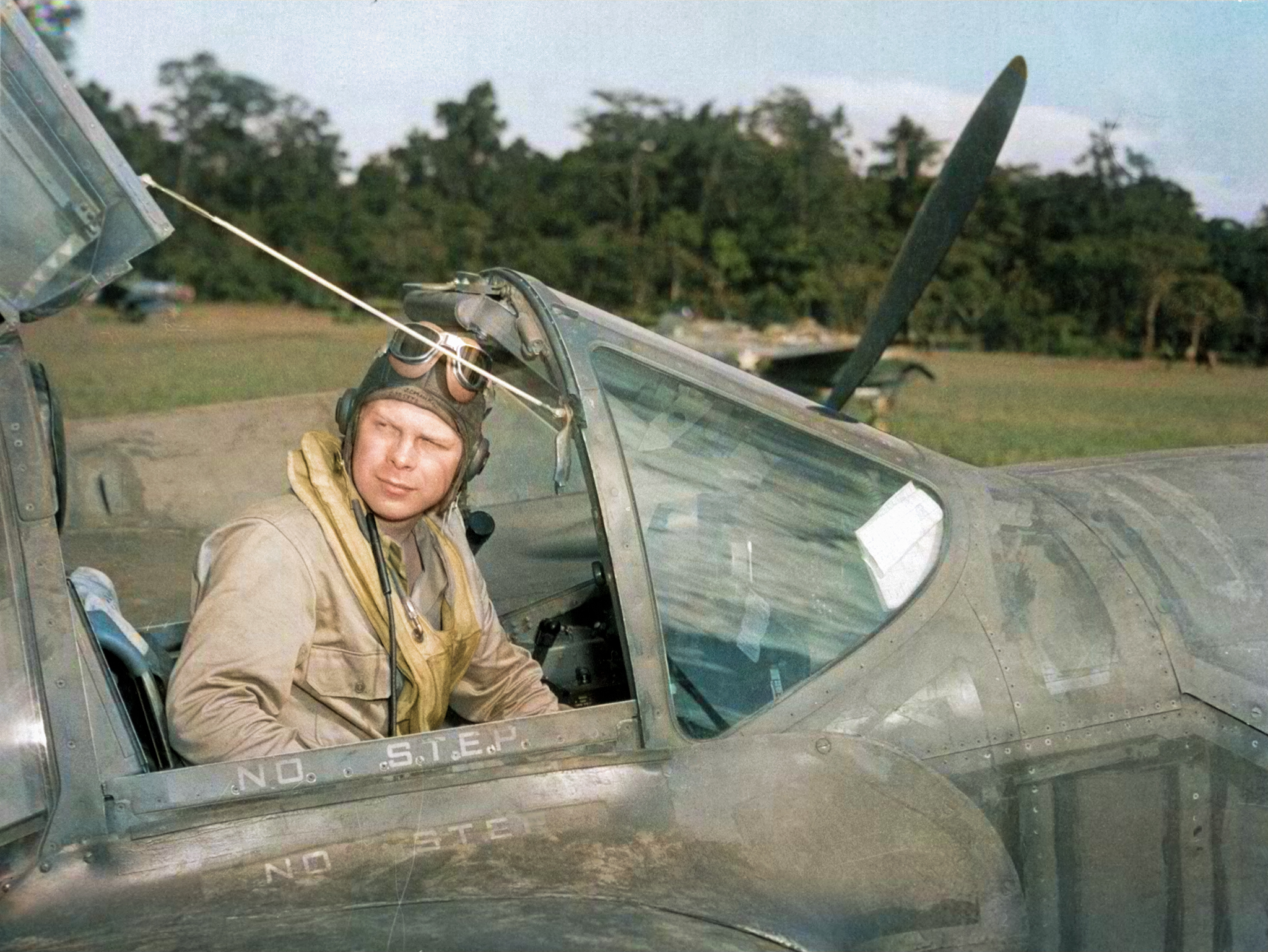 American 5AF 49FG ace Lt Richard Bong in cockpit of his Lockheed P-38 Lightning based in New Guinea 6th Mar 1943 NARA1
