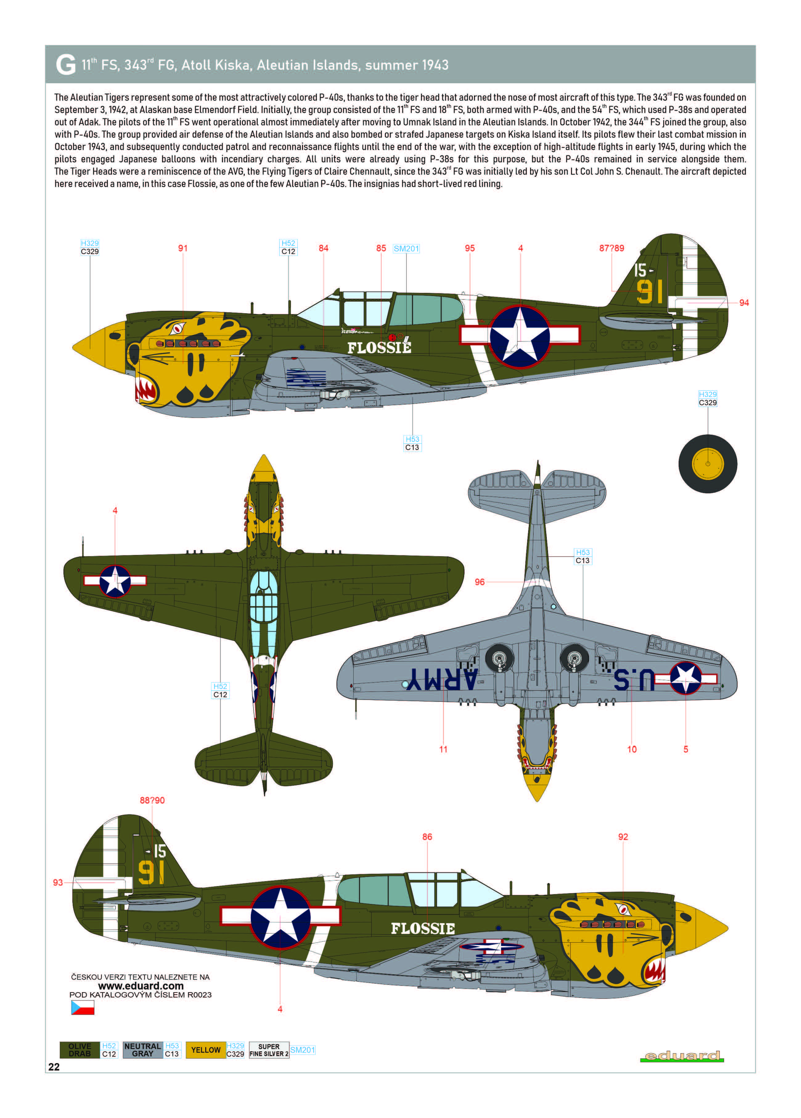 Curtiss P 40E Warhawk 343FG11FS Yellow 91 Flossie at Atoll Kiska Aleuutian Islands summer 1943 eduard 0C