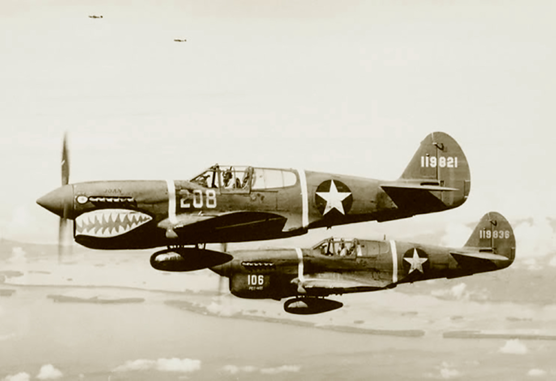 USAAF 41-19821 Curtiss P-40F Warhawk 347FG68FS White 208 and 41 19836 18FG44FS White 106 Guadalcanal 1943 01
