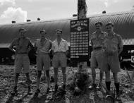 Asisbiz RNZAF 18Sqn officers with New Zealand Fighter Wing scoreboard Ondonga New Georgia 01