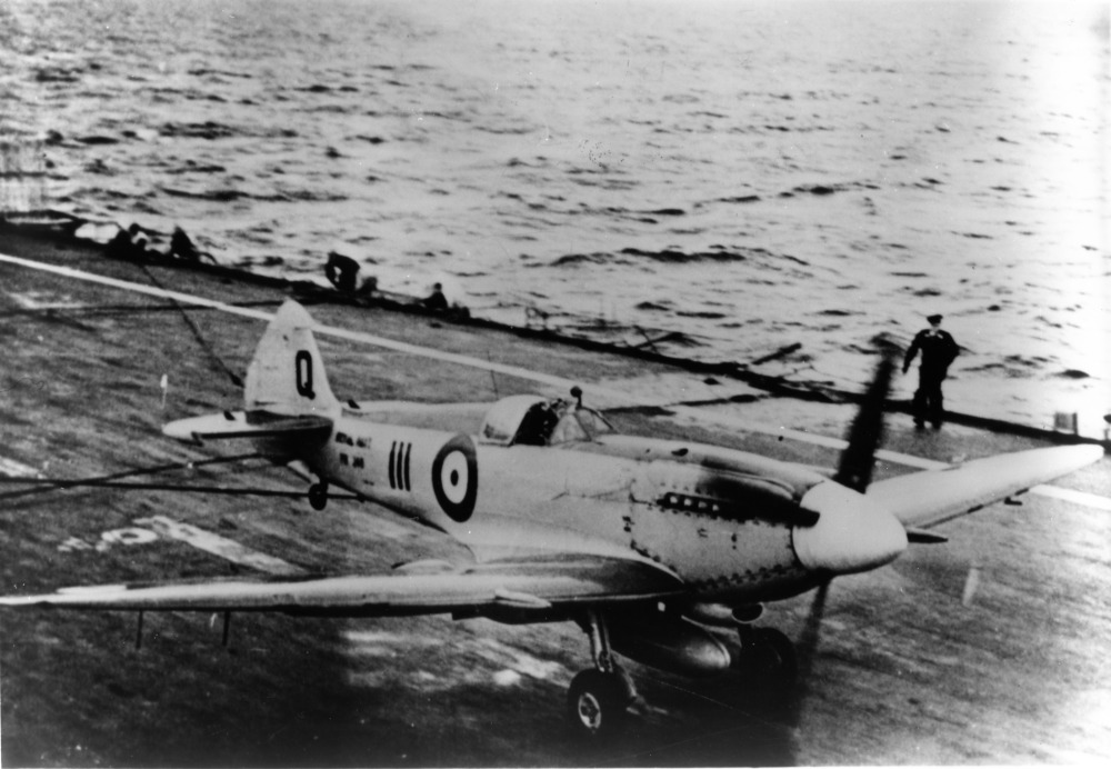 Fleet Air Arm Seafire XVII Q111 after landing aboard its carrier 01