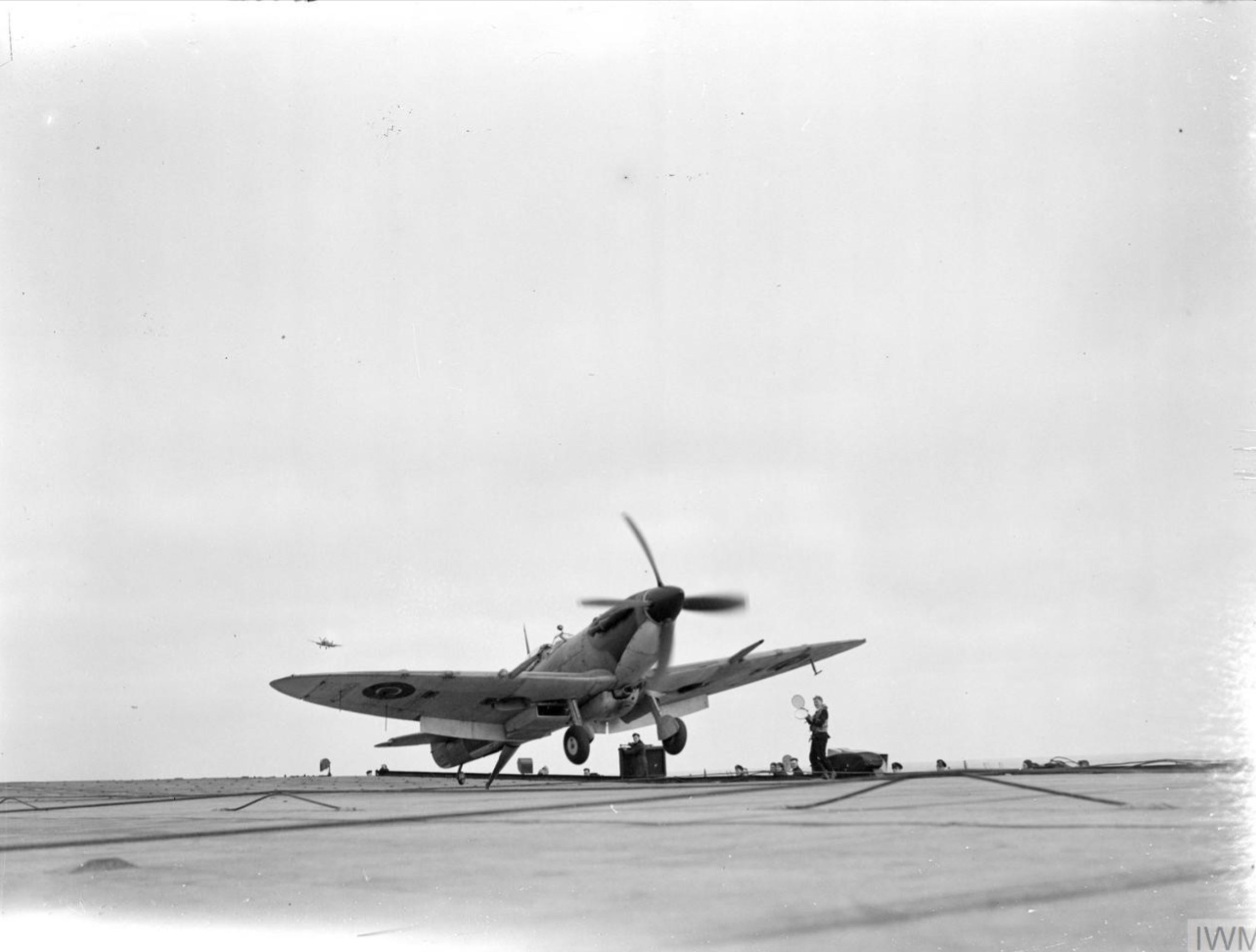 Fleet Air Arm Seafire landing aboard HMS Furious Aug 1944 IWM A25071