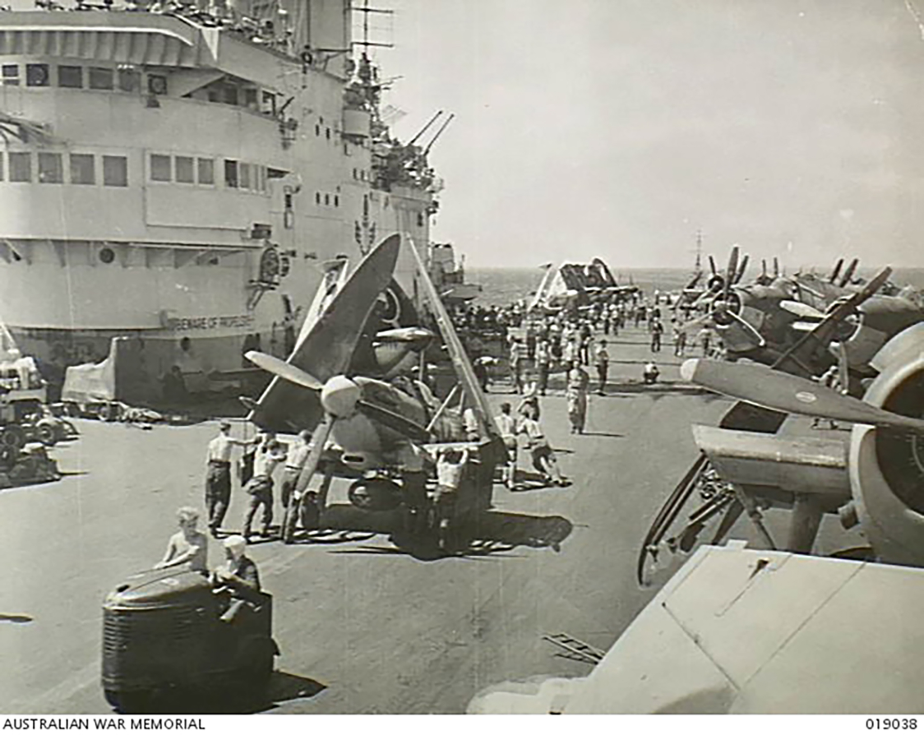 Fleet Air Arm Seafires aboard HMS Implacable Pacific Ocean 1945 AWM 019038