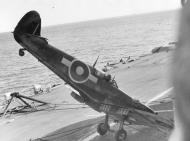 Asisbiz Fleet Air Arm Seafire on its nose after landing 01