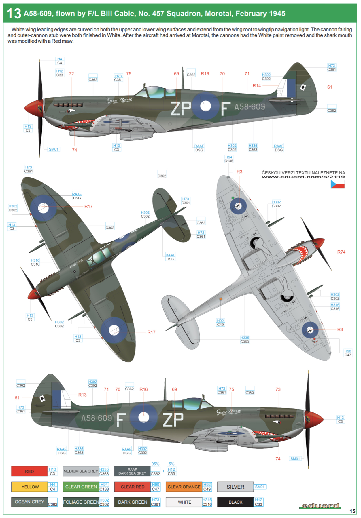 Spitfire LFVIII RAAF 457Sqn ZPF FL Bill Cable A58 609 Morotai Feb 1945 profile by Eduard 0B