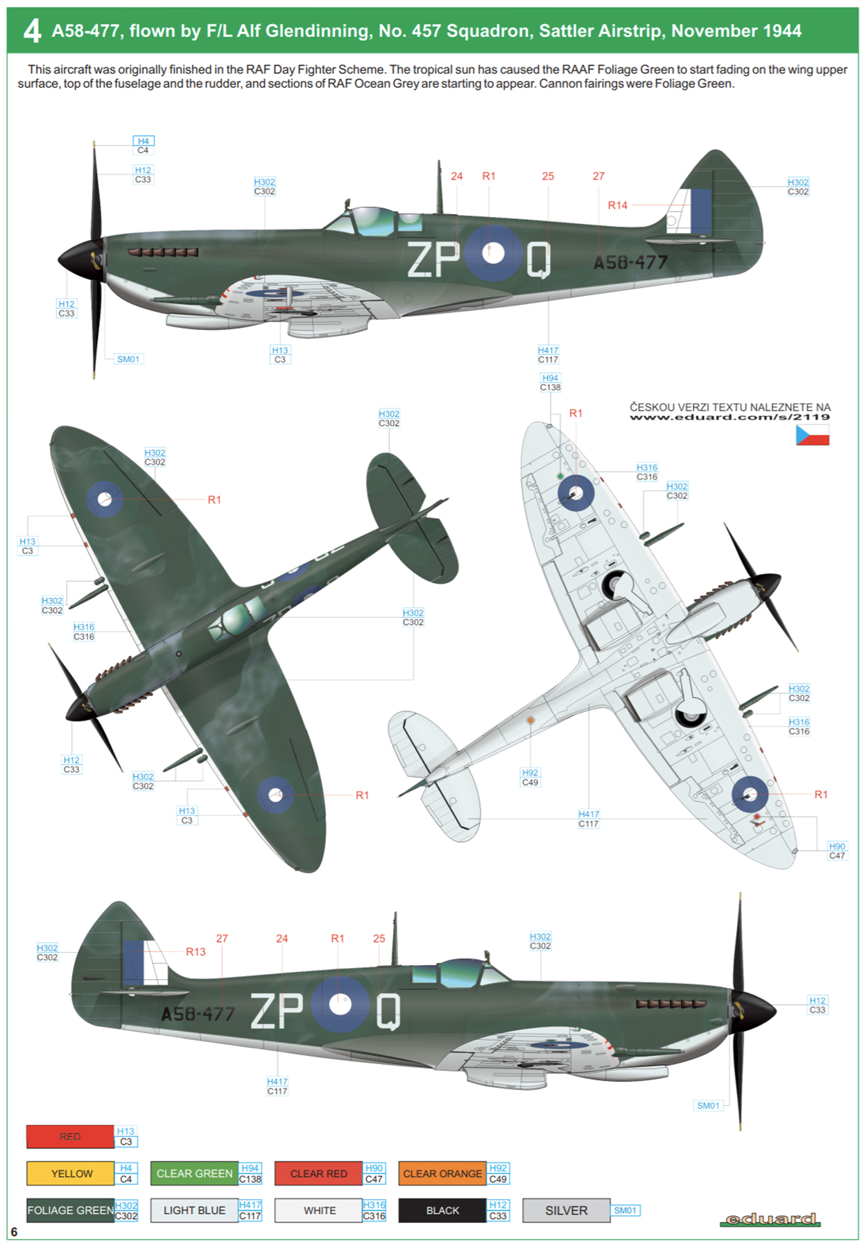 Spitfire LFVIII RAAF 457Sqn ZPQ FL Alf Glendinning A58 477 Sattler Airstrip NT Nov 1944 profile by Eduard 0B