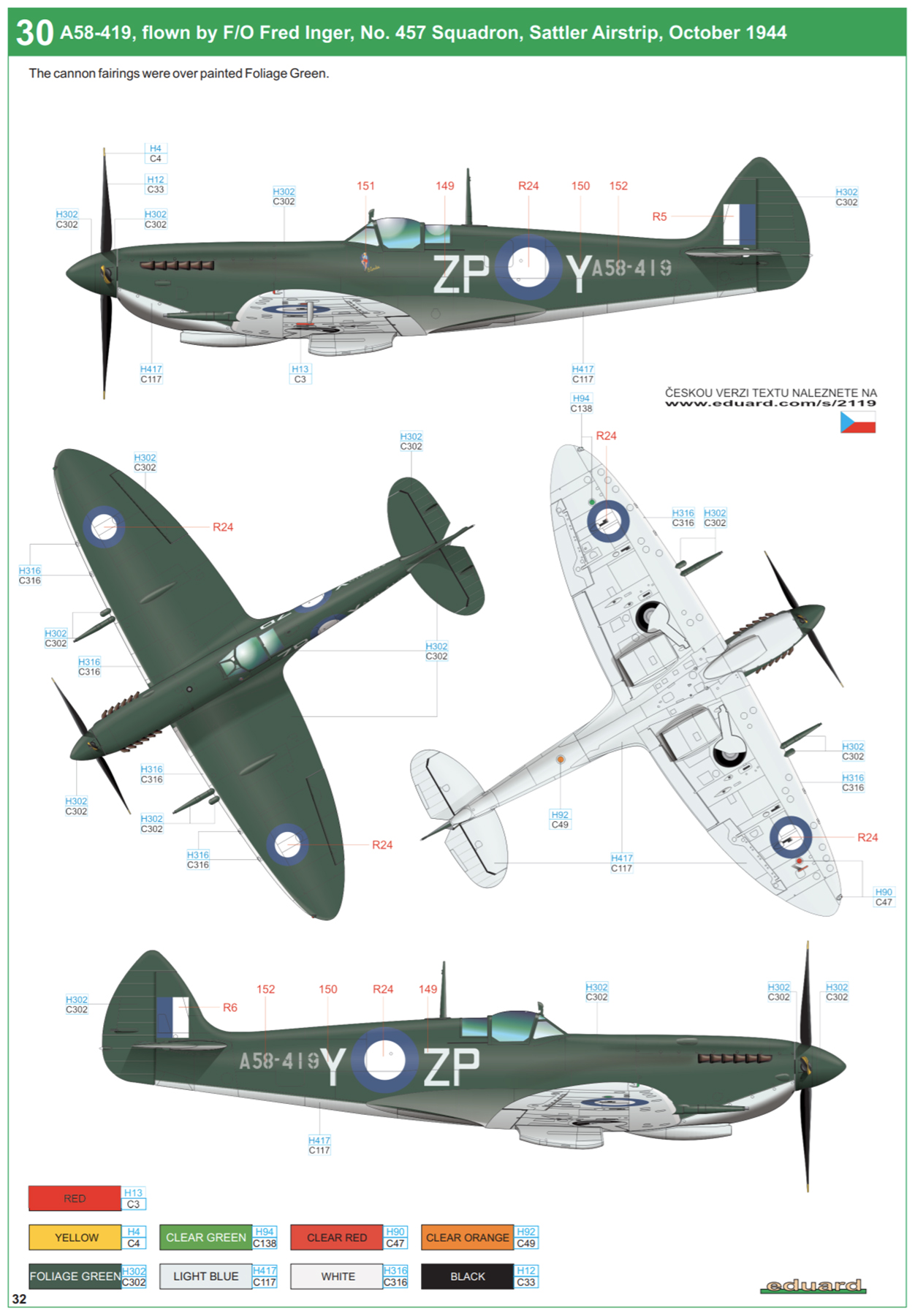 Spitfire LFVIII RAAF 457Sqn ZPY A58 419 Sattler Airstrip NT Oct 1944 profile by Eduard 0B