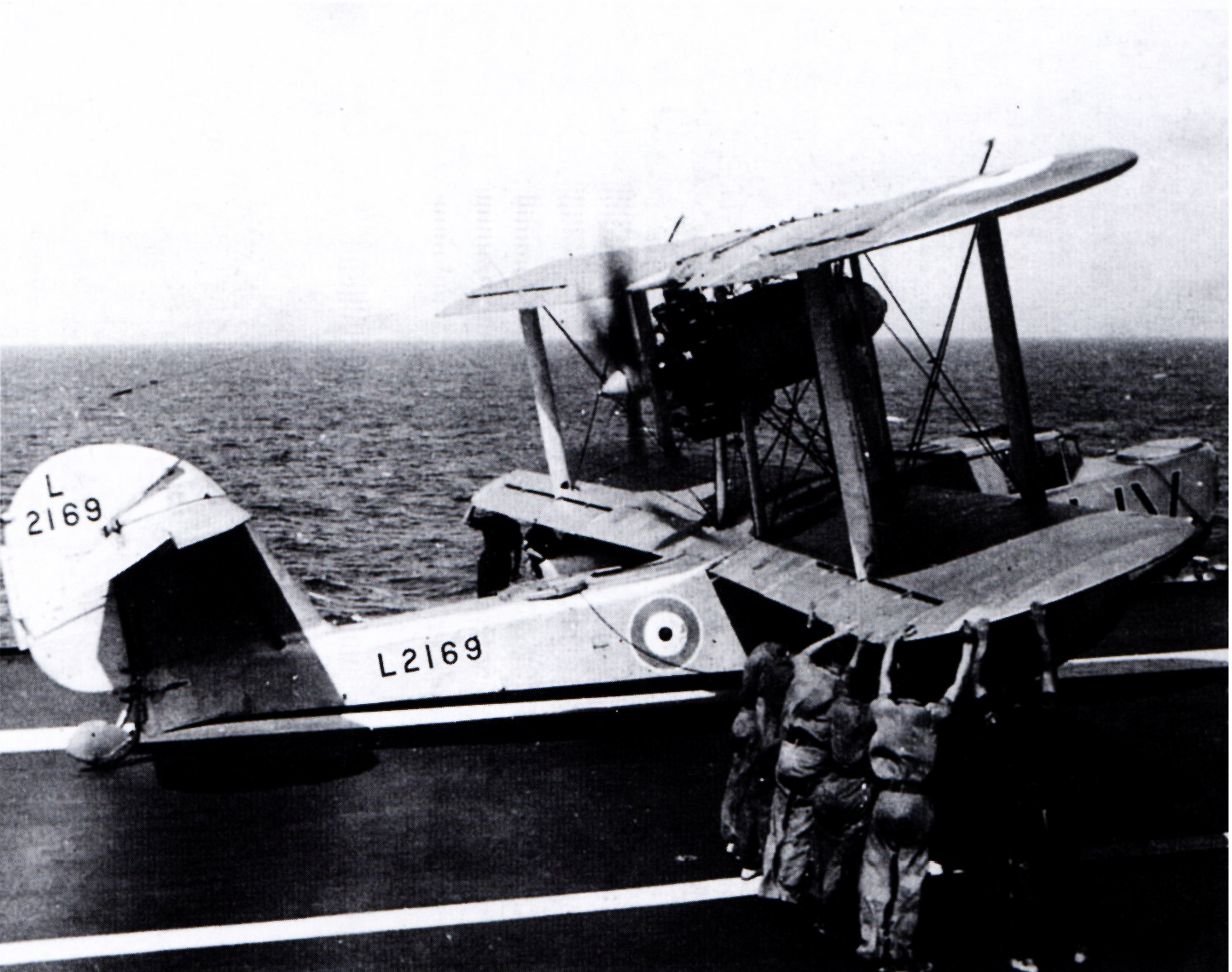 Walrus MkI Royal Navy Black WV L2169 during landing trials HMS