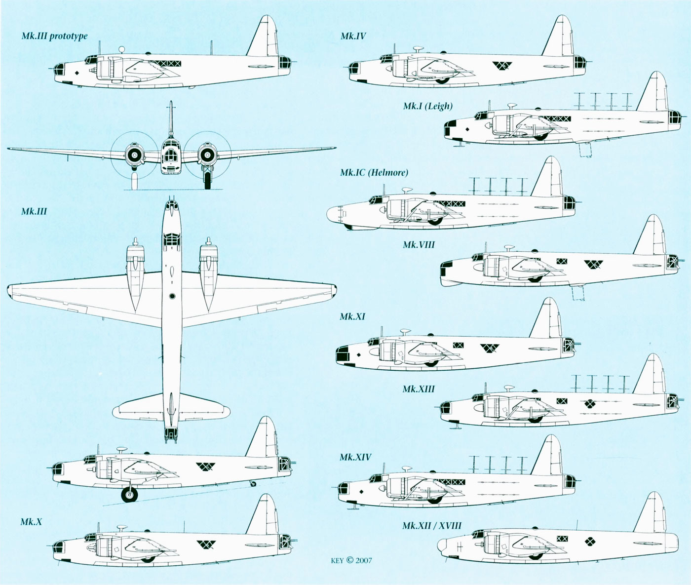 Artwork technical drawing showing the various Vickers Wellington marks 0A