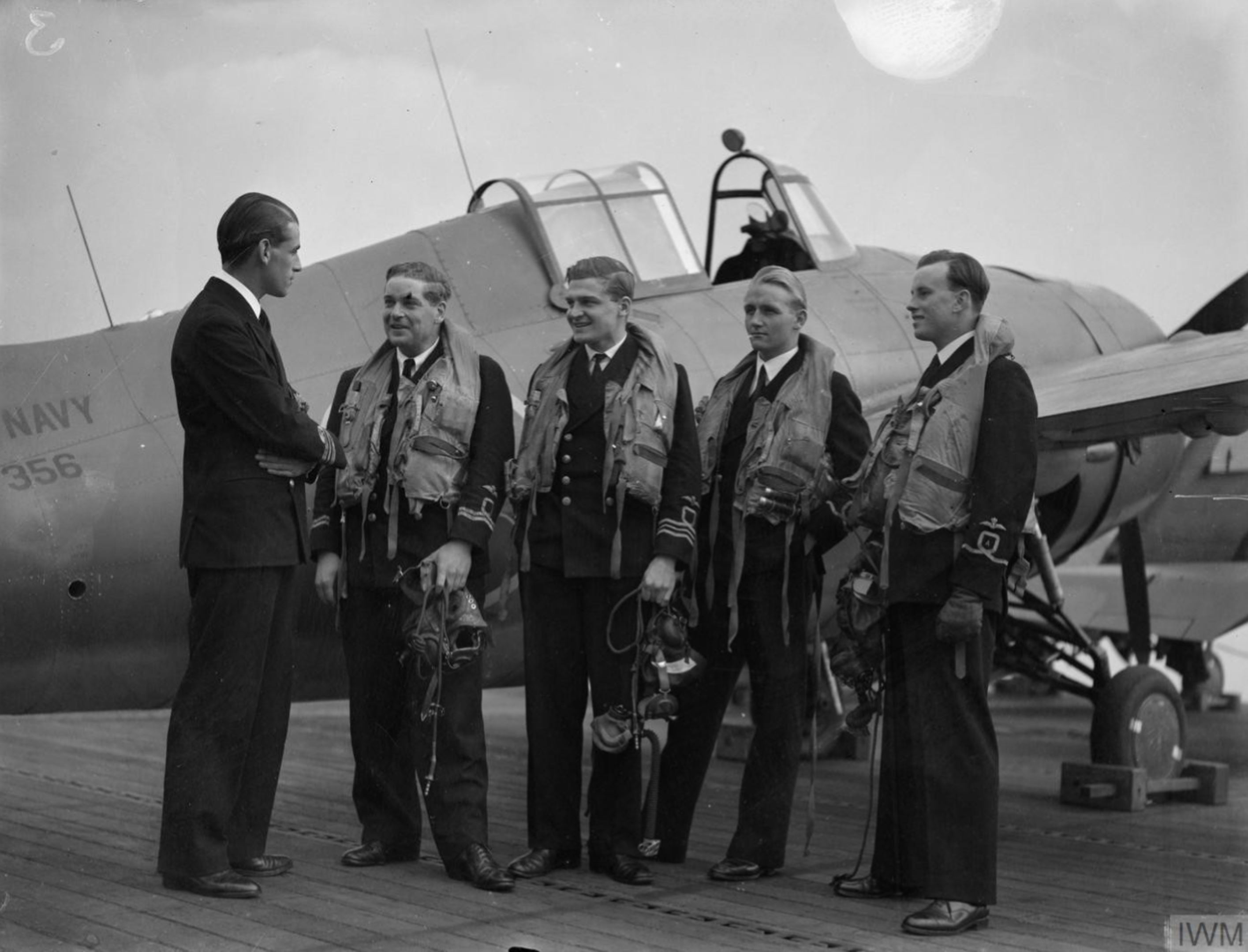 Aircrew Fleet Air Arm Martlet pilots aboard HMS Pursuer who sd 2 enemy ac Atlantic convoy 6th Mar 1944 IWM A22180