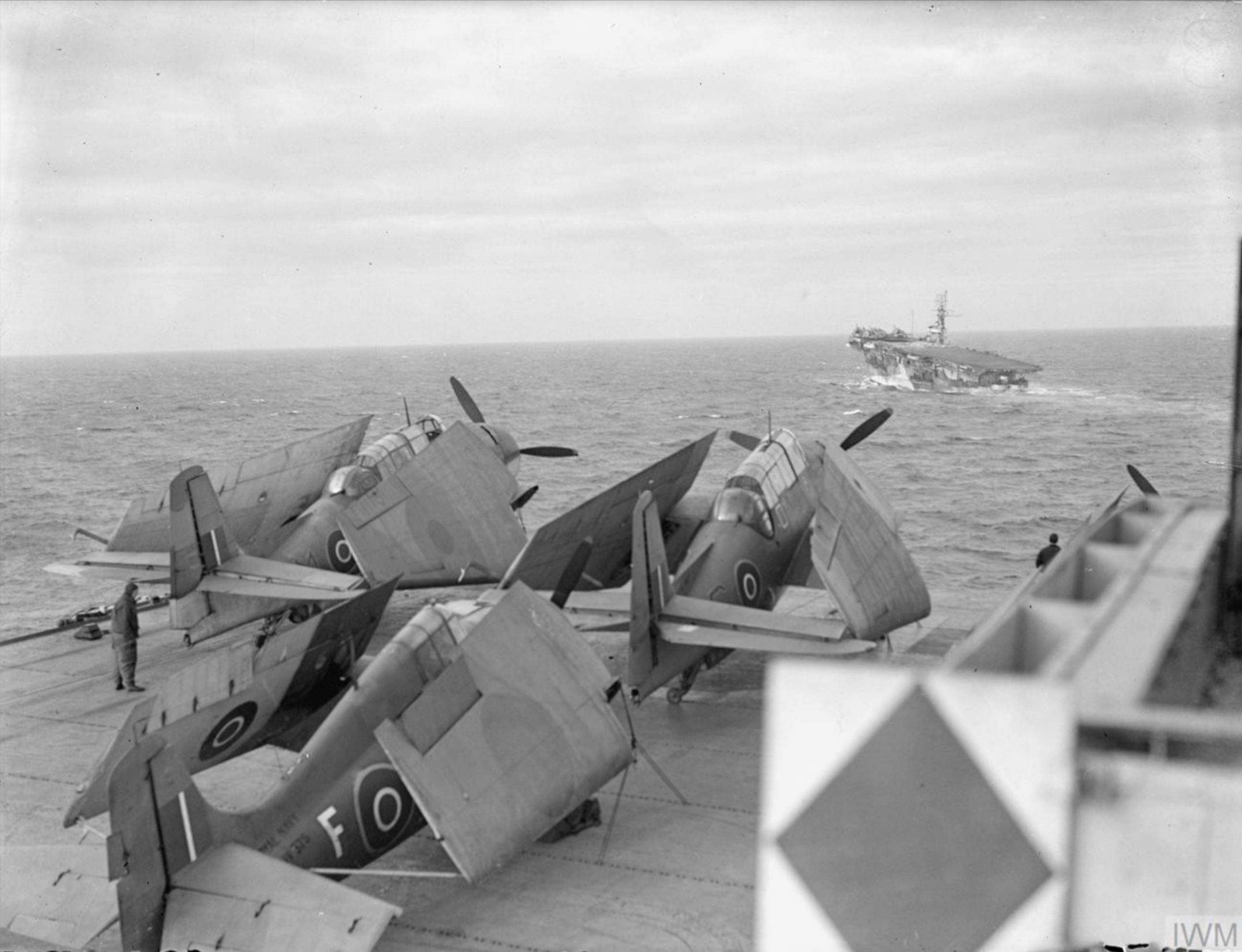 Fleet Air Arm 856NAS det Martlet F JV375 aboard HMS Trumpeter with HMS Nabob damaged off Norway Aug 1944 IWM A25369
