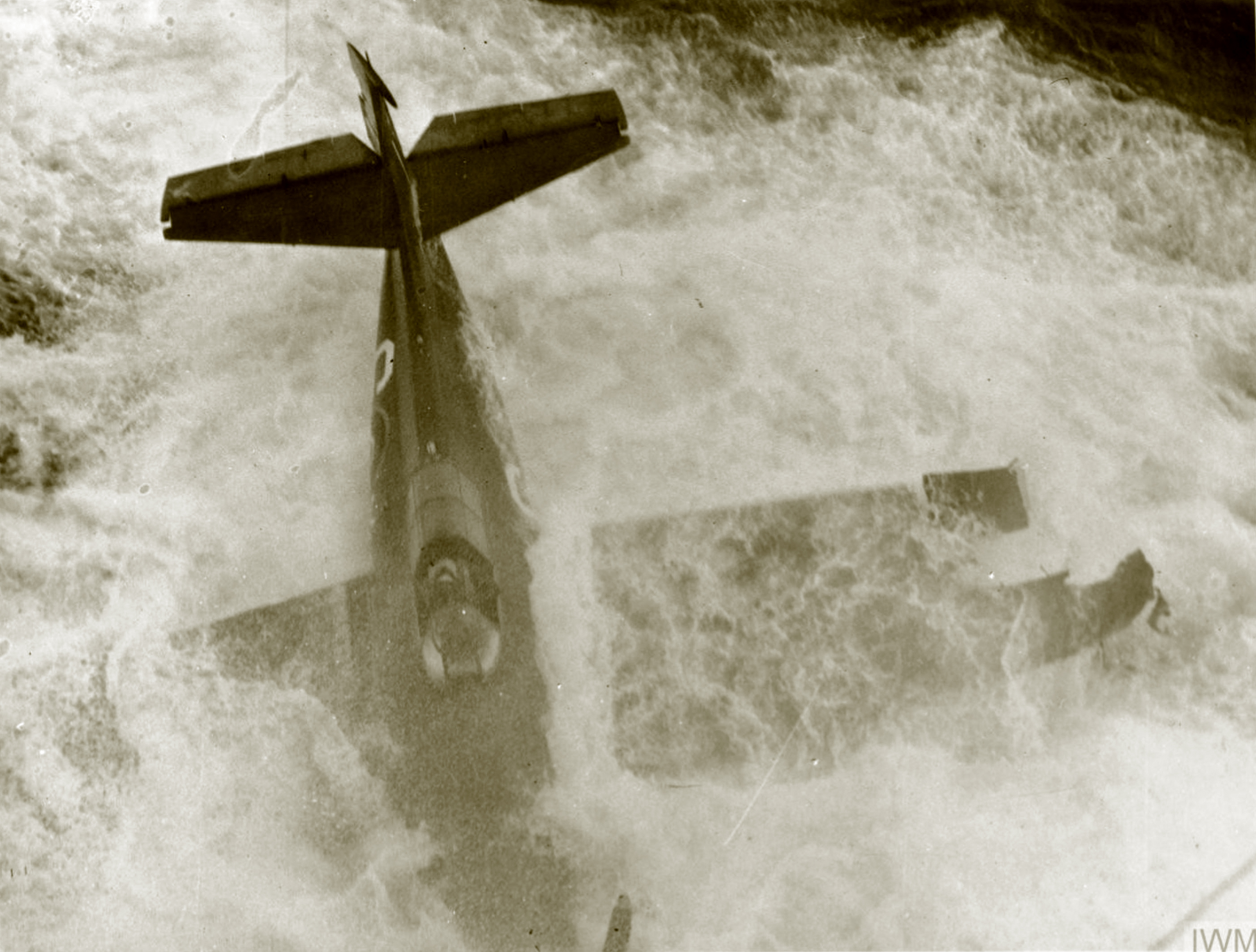 Fleet Air Arm Martlet pilot tries to free himself after take off accident HMS Searcher IWM A27331