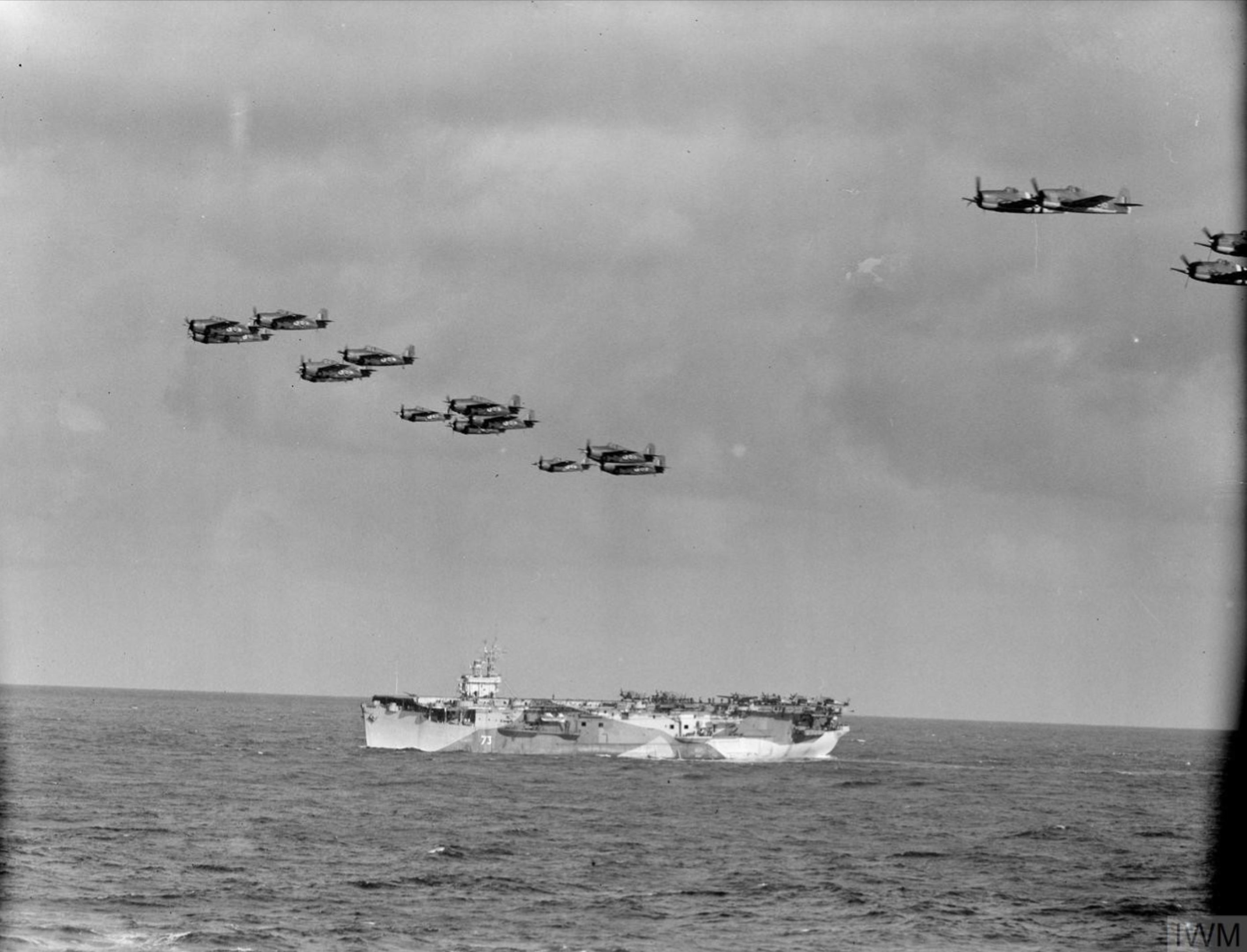 Fleet Air Arm 800NAS Helcats HMS Emperor 882Sqn Wildcats HMS Searcher overfly HMS Purser MTO 20th Jul 1944 IWM A25042