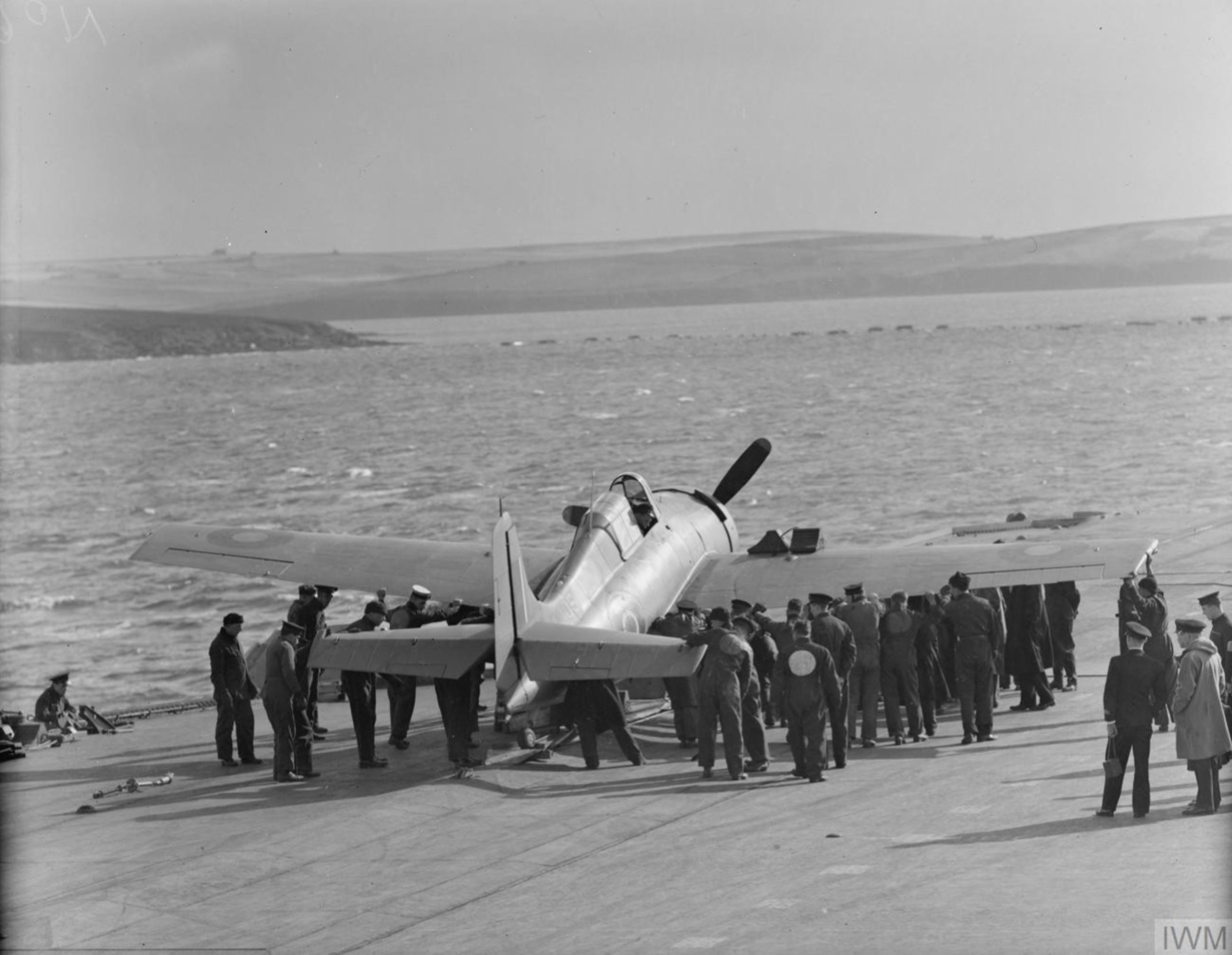 Fleet Air Arm Martlet 882NAS being prepared for launch HMS Victorious Scotland 23 25th Sep 1942 IWM A12116