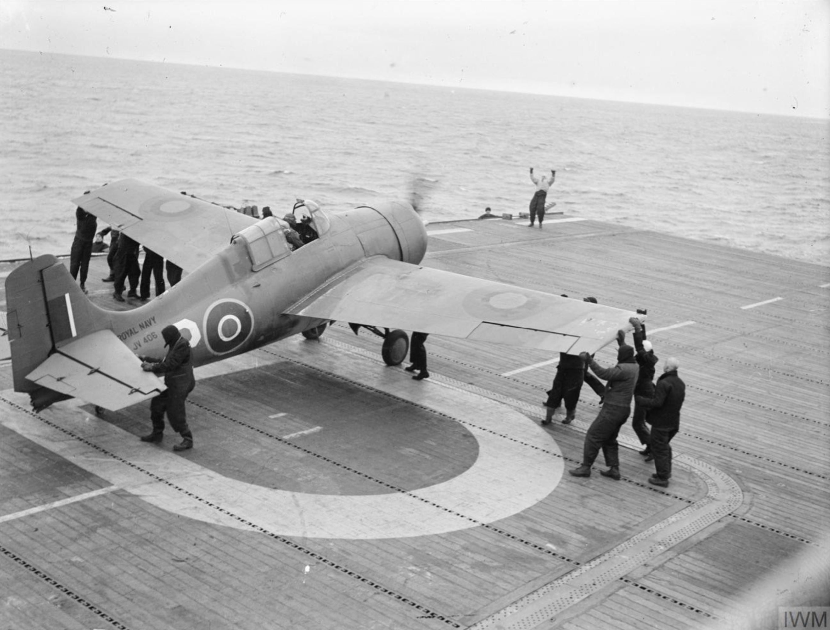 Fleet Air Arm Martlet MkV FAA 882NAS P JV406 landing aboard HMS Pursuer coast of Norway IWM A23059