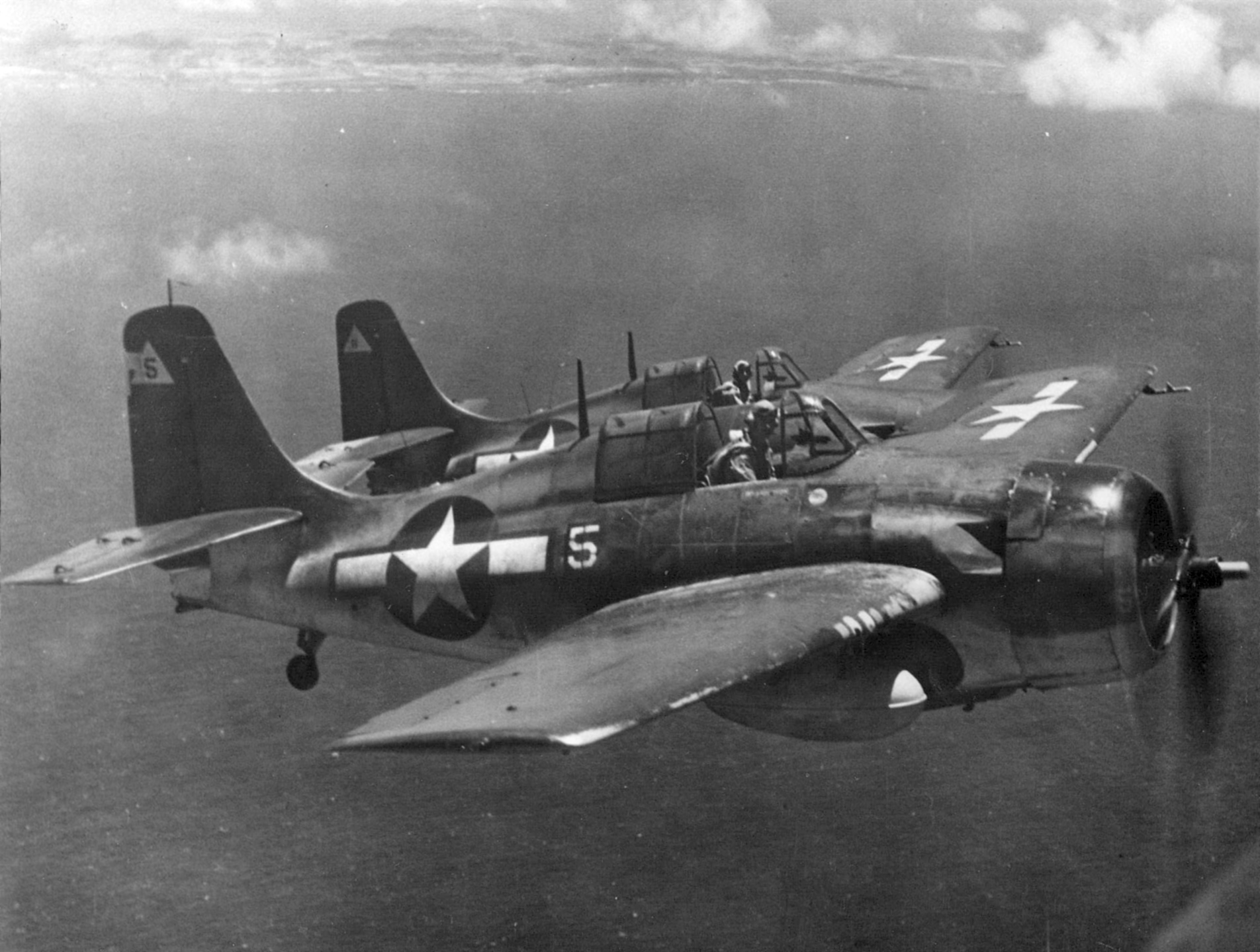 General Motors FM-2 Wildcat VC-4 White 5 on patrol over USS White Plains 1944 02