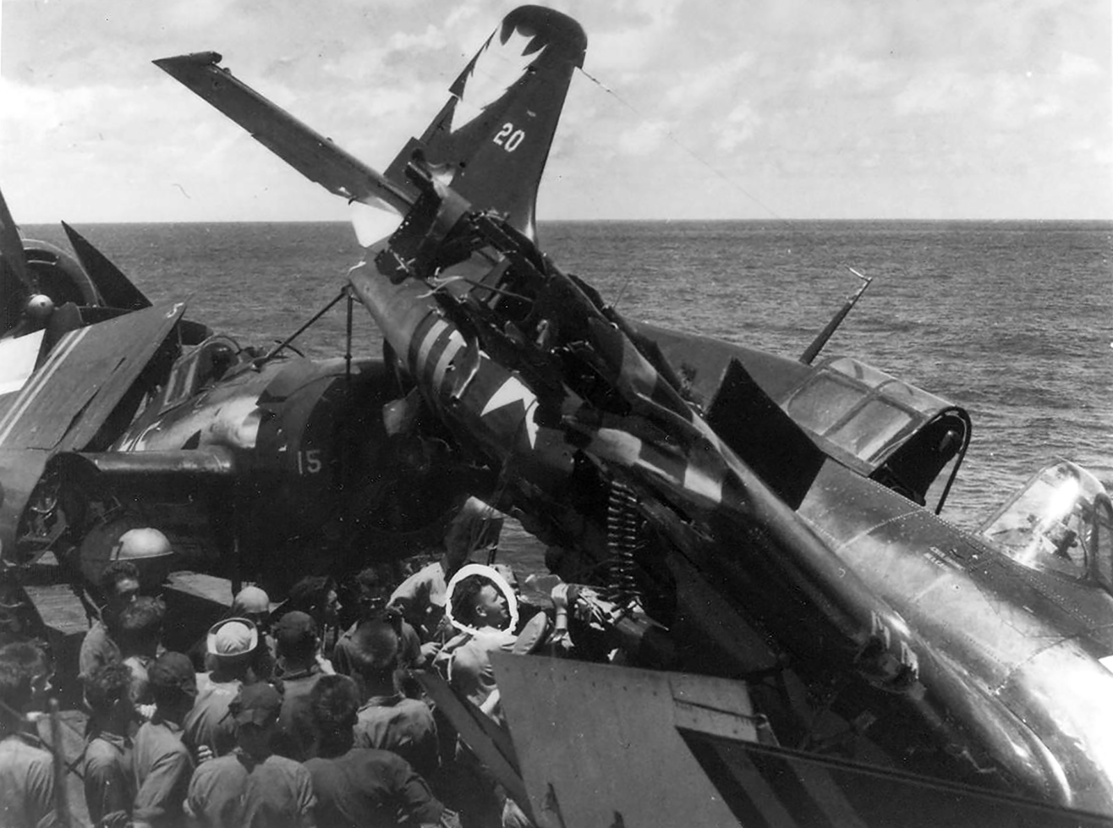 General Motors FM 2 Wildcat VC 8 White 20 landing mishap CVE 74 USS Nehenta Bay Aug 1945 01