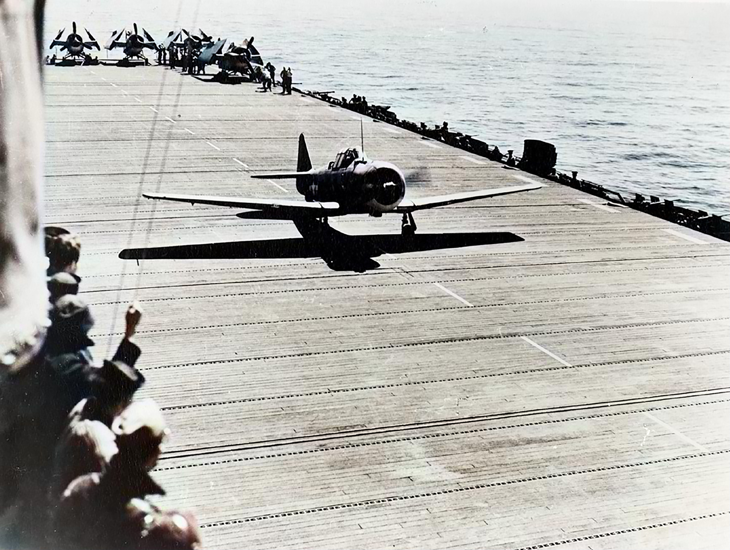 USS Hoggatt Bay (CVE-75) launching a Douglas SBD Dauntless UA 57123