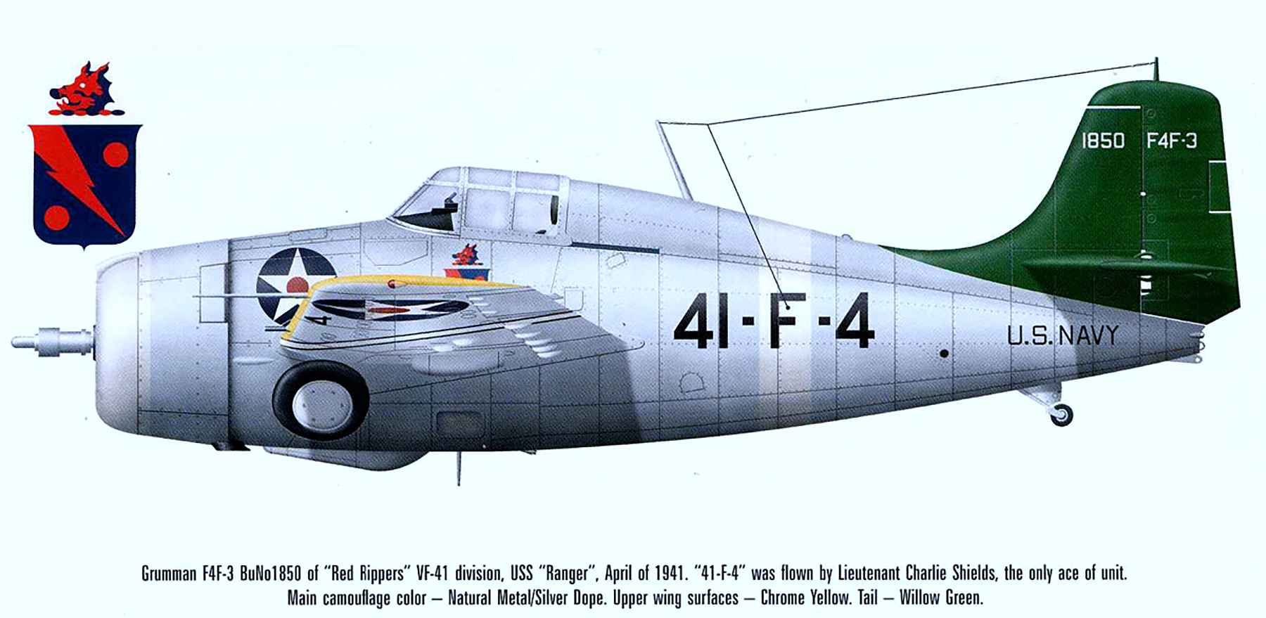 Grumman F4F-3 Wildcat VF-41 Black 41F4 BuNo 1850 pilot Charlie Shields CV-4 USS Ranger 1940 0A