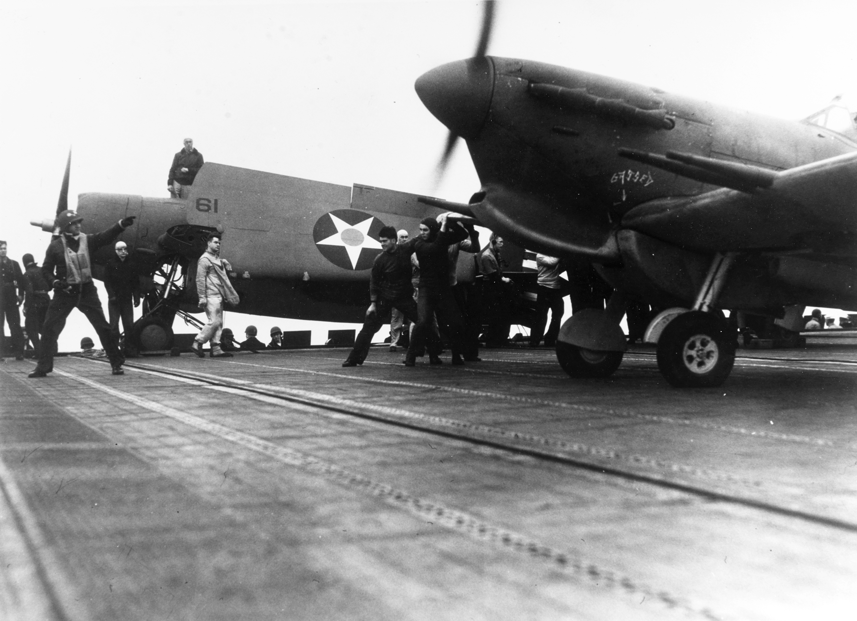 USN VF-71 Grumman F4F-4 Wildcats and Spitfires aboard USS Wasp CV7 off Malta Apr 1942 80-G-7085