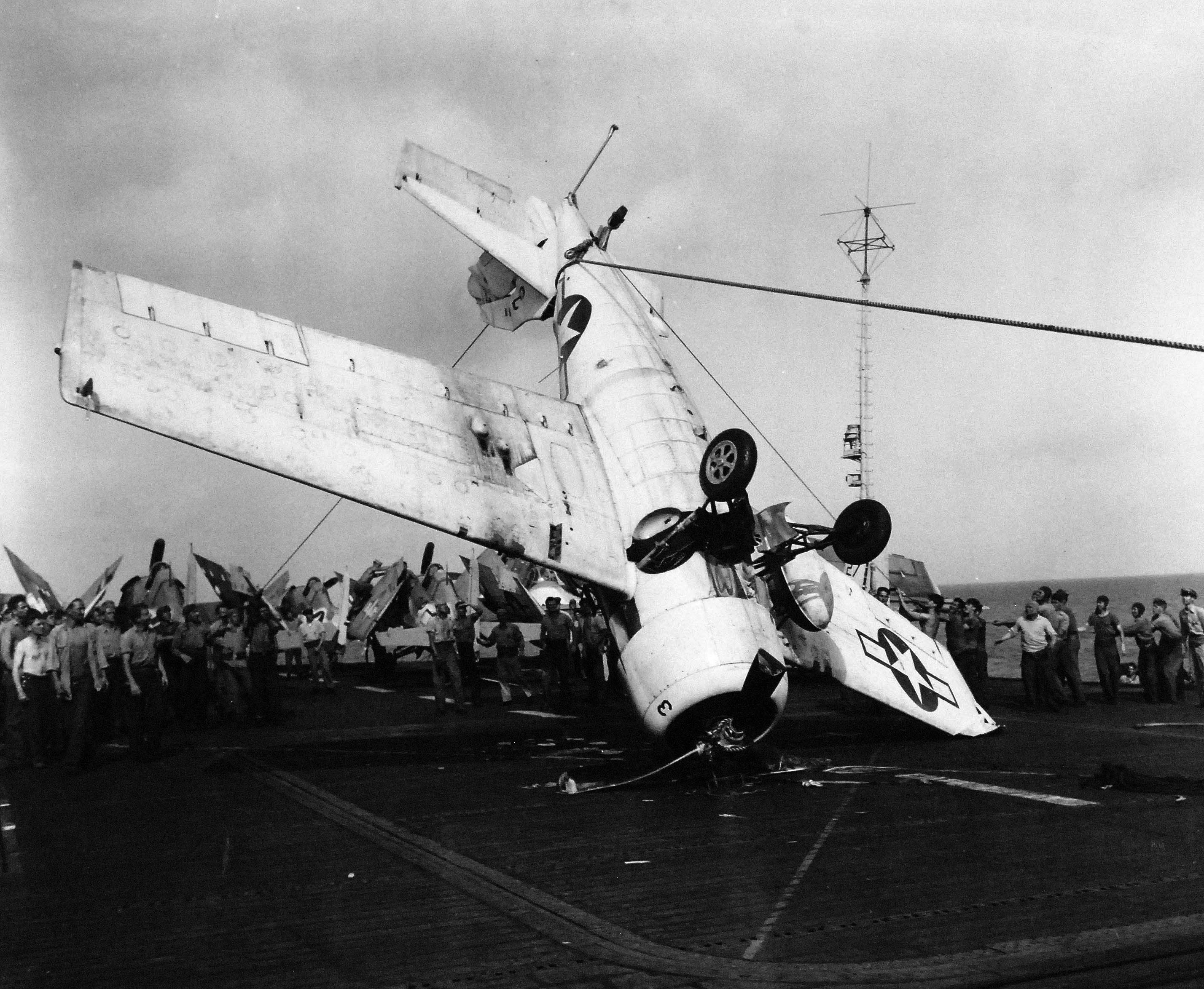 General Motors FM-1 Wildcat Black 3 BuNo 16130 landing mishap LTJG Bohlen CVE-60 USS Guadalcanal 30th May 1944 01
