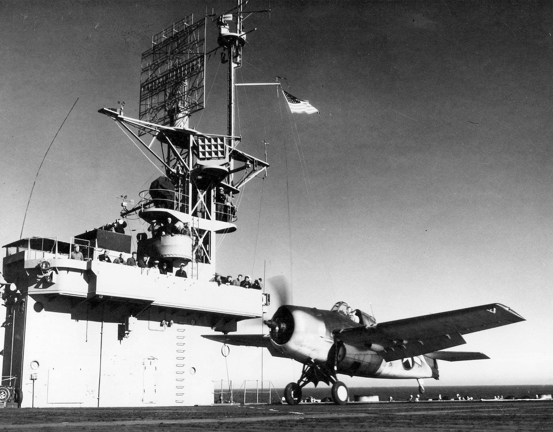 General Motors FM-1 Wildcat VC-12 White F9 launching from CVE-69 USS Kasaan Bay 6th Feb 1944 01