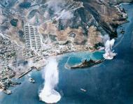 Asisbiz Japanese battleship Haruna under attack by USN carrier based aircraft near Kure Japan 28th July 1945 80 G 490226