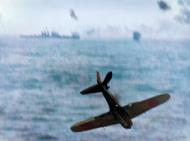 Asisbiz Japanese Kamikaze Zeke crashing very near USS Essex (CV 9) off Okinawa 14th May 1945 80 G 324121