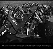 F4U Corsairs and F6F Hellcats of Air Group 83 aboard USS Essex CV 9 during the Okinawa Campaign