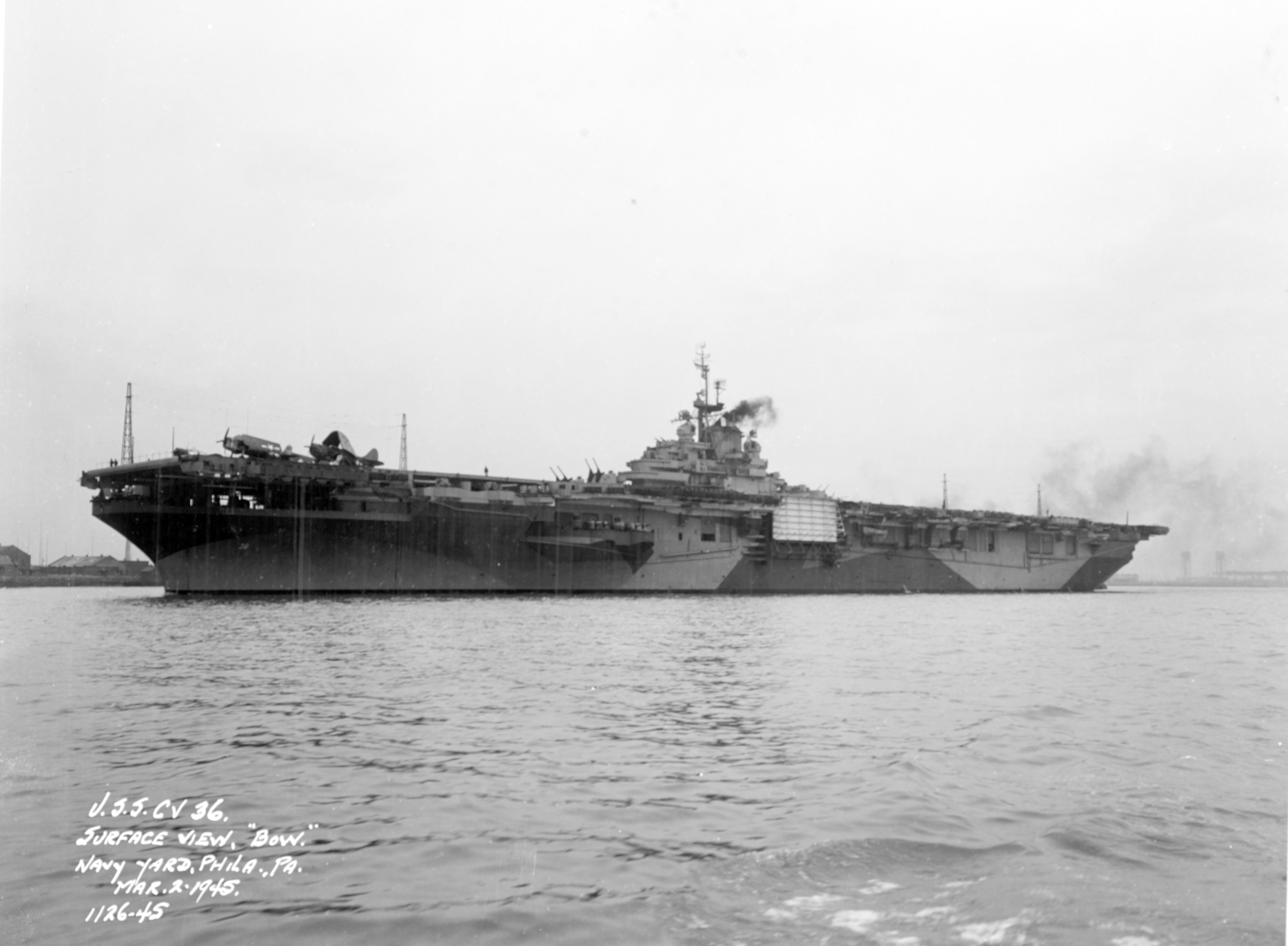 Asisbiz USS Antietam (CV-36) in camouflage measure 32 design 17a off the Philadelphia Navy Yard Pennsylvania 2nd March 1945