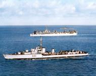 Asisbiz Australian destroyer HMAS Bataan (D191) screening USS Bataan (CVL 29) off Korea 17th April 1951