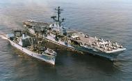 Asisbiz USS Mauna Kea (AE 22) high lines ammunition to the USS Bennington (CVS 20) in the Gulf of Tonkin 10th Sep 1968