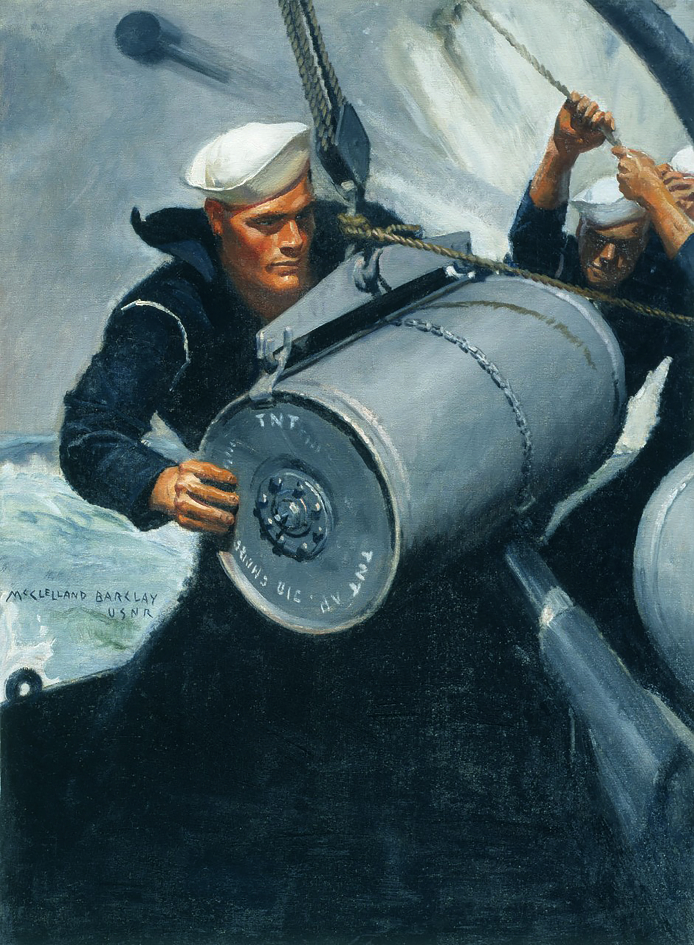 Asisbiz Blue Jackets Loading A Depth Charge Rack painting Oil on Canvas by McClelland Barclay 1940 42