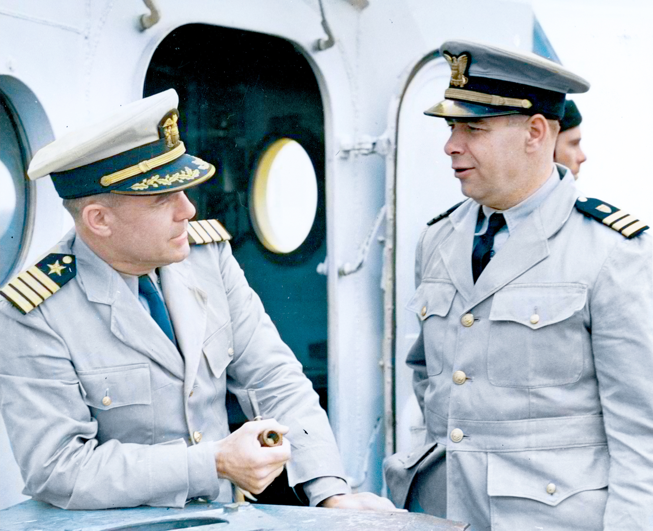 Asisbiz Comdr Harold S Berdine right commanding officer of US Coast Guard Cutter Spencer April 1943 NH 120144