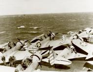 Asisbiz Grumman F4F 3 Wildcat VF 6 Black F8 and F3 with TBD 1 Devastator torpedo planes Enterprise (CV 6) 11th April 1942 80 G 16518