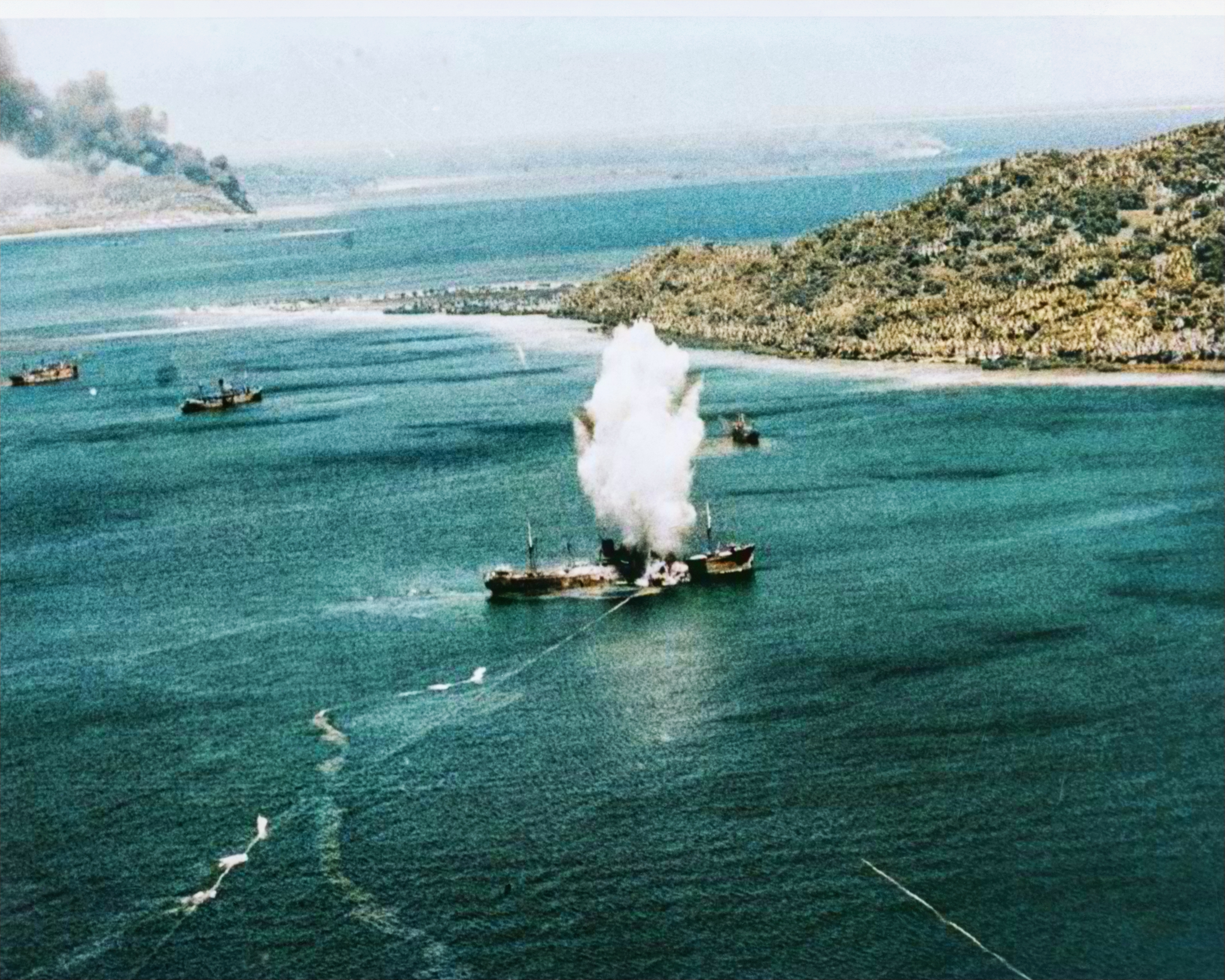 Japanese cargo ship hit by a aerial torpedo during the first day of the carrier raids on Truk 17th Feb 1944 80 G 217624