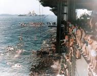 Asisbiz USS Essex (CV 9) with USS Iowa (BB 61) at anchor at Majuro Atoll 2nd Apr 1944 80 G 300903