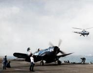 Asisbiz Vought F4U 5N Corsair night fighter being launched from USS Essex (CV 9) during operations off Korea Jan 1952 80 G 443663