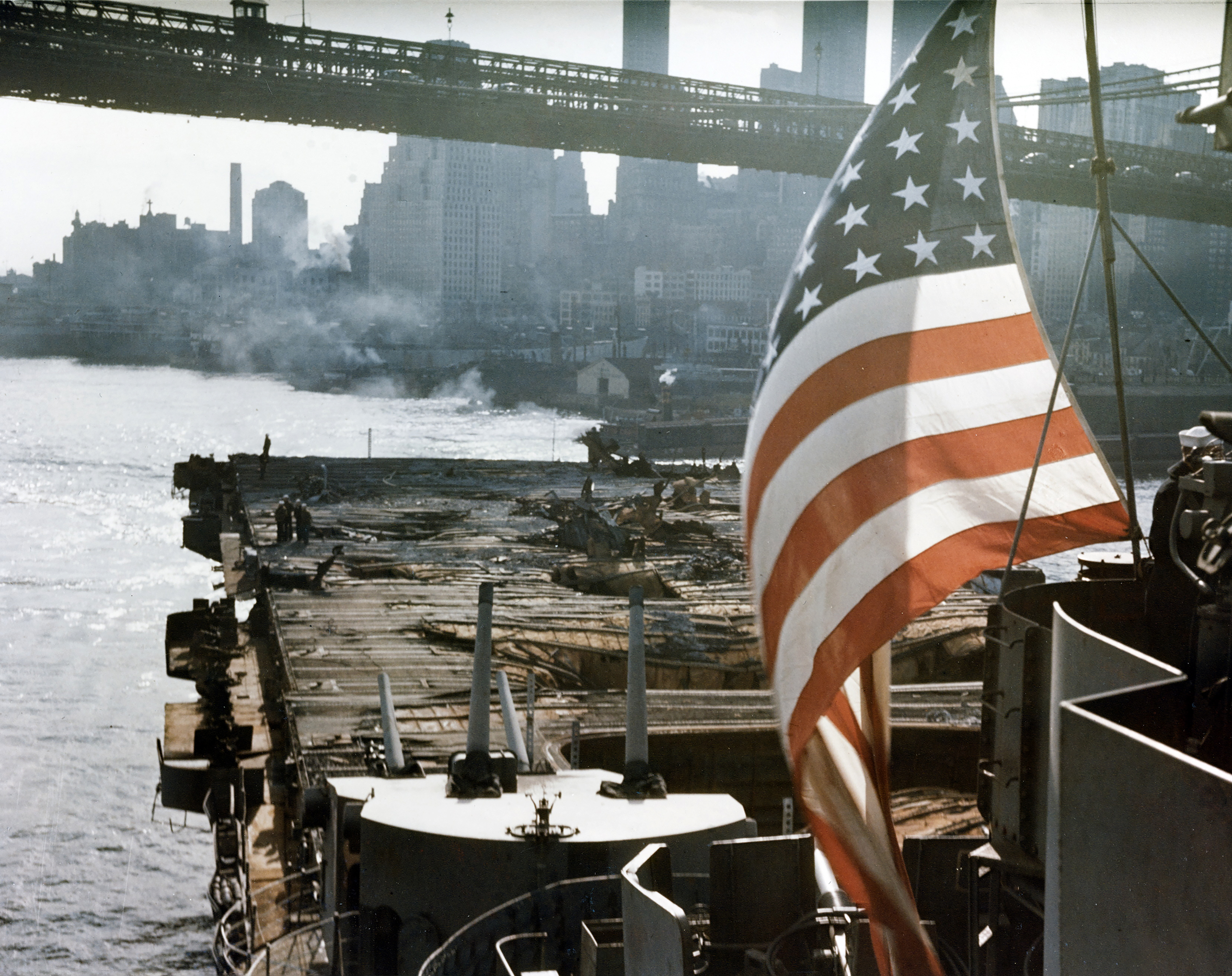 USS Franklin (CV 13) taken as she arrived at the New York Navy Yard for repairs 28th Apr 1945 80 G K 5063
