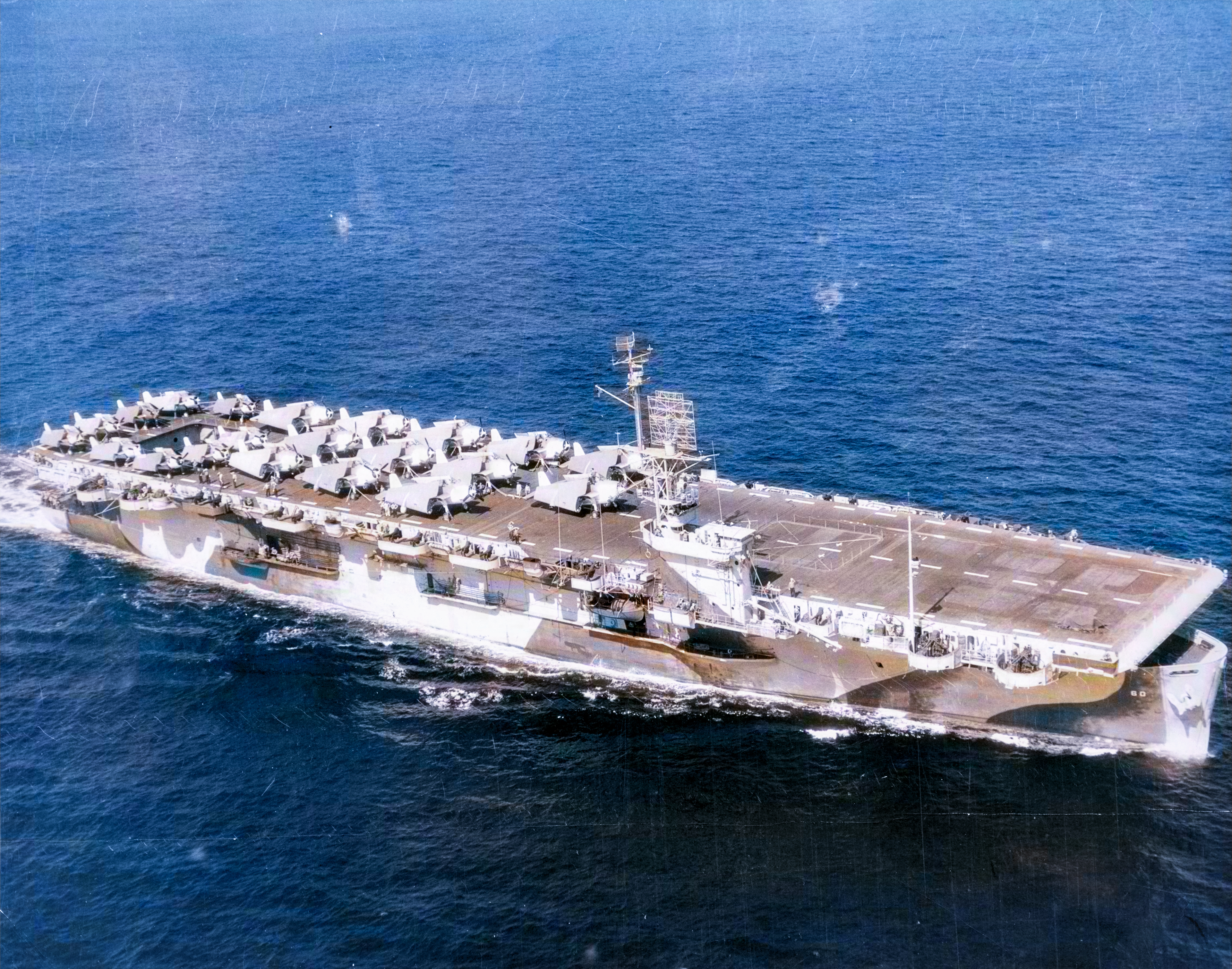 USS Guadalcanal (CVE-60) photographed from a ZP 24 blimp while steaming off Hampton Roads Virginia 28th Sep 1944
