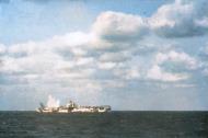 Asisbiz USS Hornet II (CV 12) experiences a near miss after it was attacked by a Japanese aircraft off Japan 19th March 1945