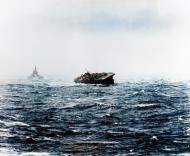 Asisbiz USS Langley (CVL 27) rolling sharply as she rides out Typhoon Cobra from USS Essex (CV 9) 13th Jan 1945 NH 89374